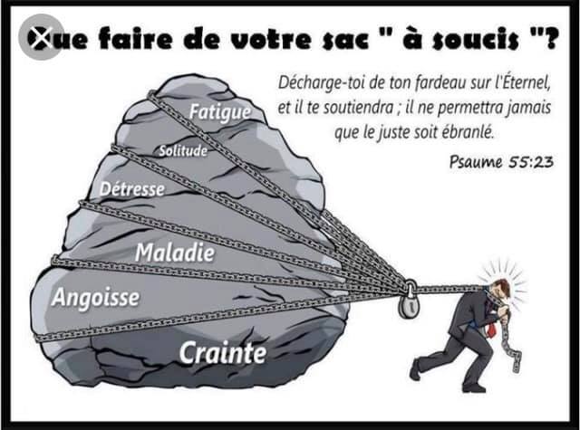 Caricature   que faire de votre sac à soucis   décharge toi du fardeau sur l'éternel et il te soutiendra il ne permettra jamais que le juse soit ébranlé