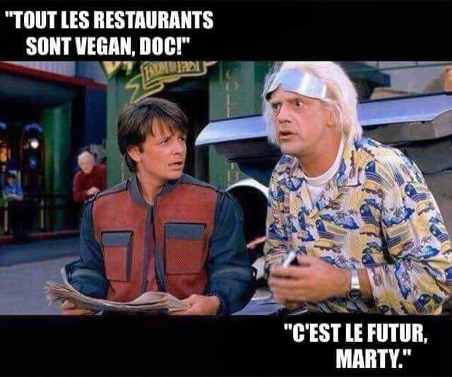 Caricature   retour vers le futur   tout les restaurants sont végan doc c'est le futur Marty