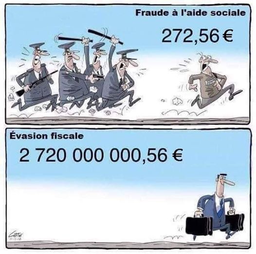 caricature   politique   fraude à l'aide social poursuivi  par la police pour 272 euro et évasion fiscale de 2 720 milliard tranquil 