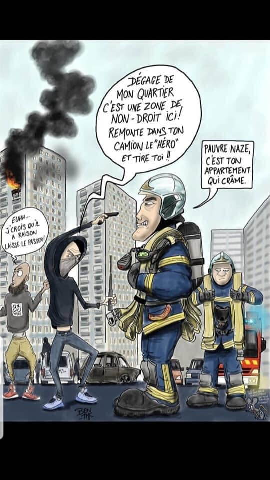 caricature   quartier hlm et pompier   individu qui dit au pompier dégage c'est une zone de non droit tire toi et pompier qui dit c'est ton appartement qui crame