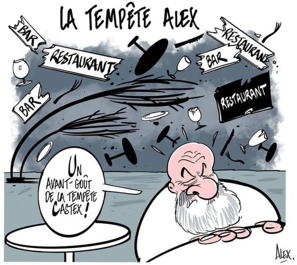 Caricature   tempère Alex   avant gout de la tempète Castex   restaurant bar