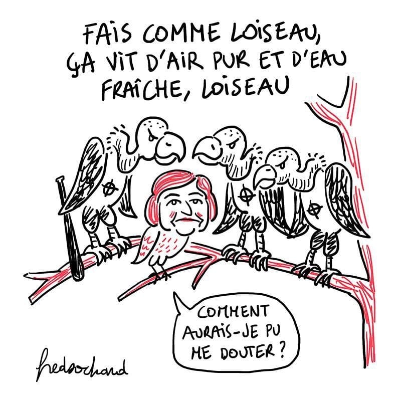 Caricature  fais come l'oiseau ça vit d'air ure et d'eau fraiche avec les vautour autours