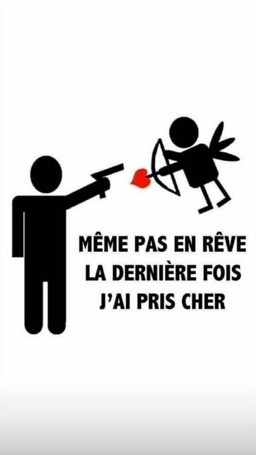 Carricature   cupidon   avec personne avec un flingue prêt à tier sur cupidon et dit même pas en rêve la dernière fois j'ai pris cher