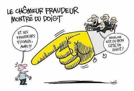 Chomeur   Caricature   banque   Le chomeur fraudeur est montré du doigt par les banquier et les fraude fiscal