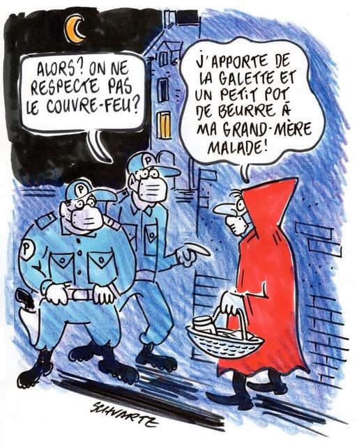 Dessin   caricature   Police   alors on ne respecte pas le couvre feu