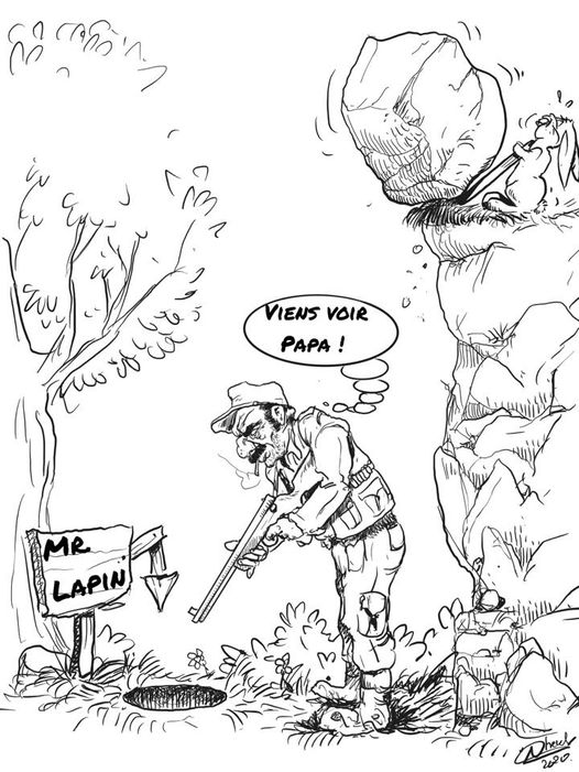 Dessin   caricature   chasse   entre un chasseur et un lapin