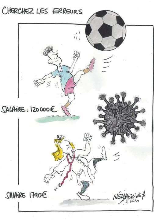 Dessin   caricature   football avec un ballon   et médecin avec un virus