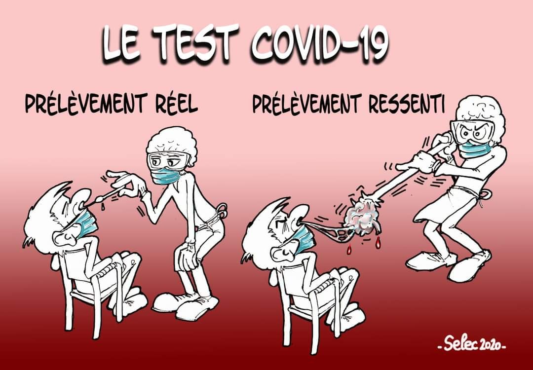 Dessin   caricature   marqage   pose de gps l'interieur du crane    le test covd 19   prélèvement réel et prélèvement ressenti