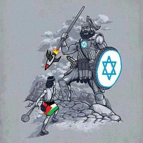 Guerre   caricature   entre l'enfant palestine et e géant d'israel avec bouclier et lance avec missile 