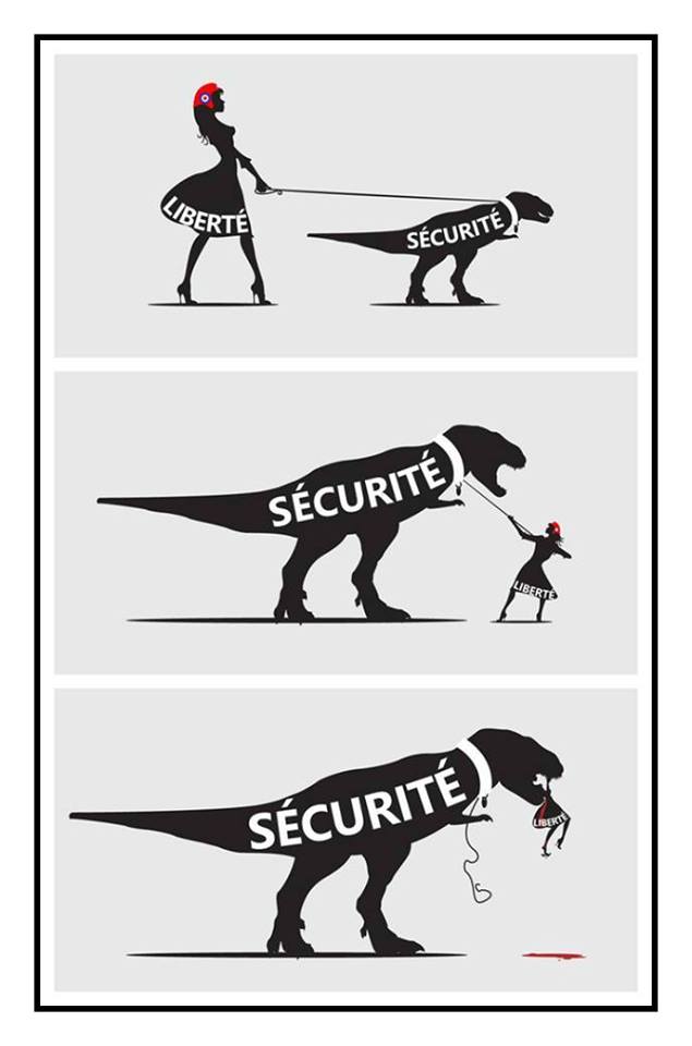 Liberté   sécurité   caricture liberté qui tient la sécurité et la sécurité qui mange la liberté