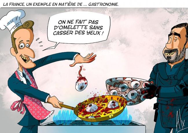 Macron   caricature   on ne fait pas d'omelete sans casser des yeux avec castaner