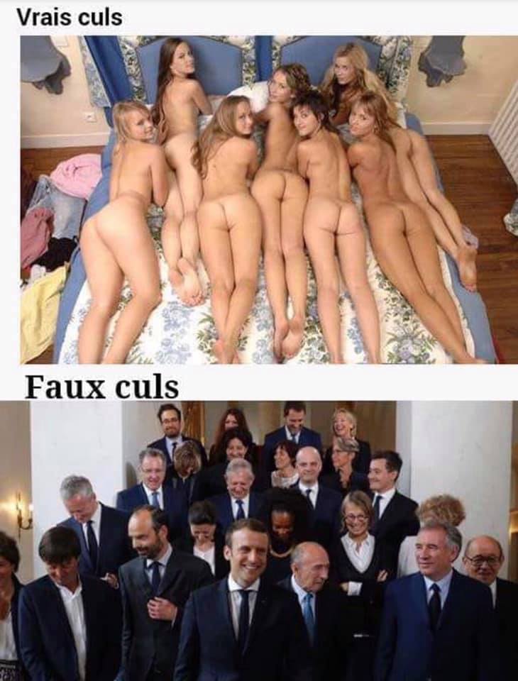 Macron   caricature   vrais culs=femmes nus qui montrent leur fesses et faux culs = photo du gouvernements Macron